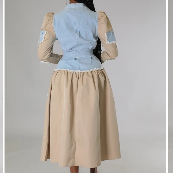 Chic Denim and Tan Long Sleeve Dress - Picture 3 of 8